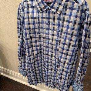 Robert Graham Men's Blue Checkered And Embroidered Shirt